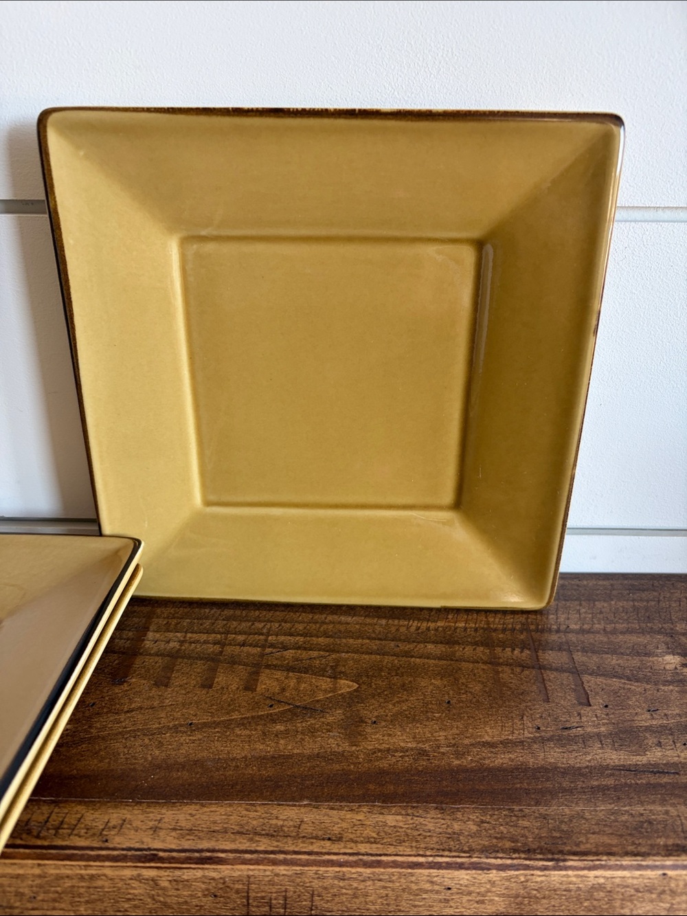 Pottery Barn Square Ceramic Plates in Mustard Yellow with Brown Trim